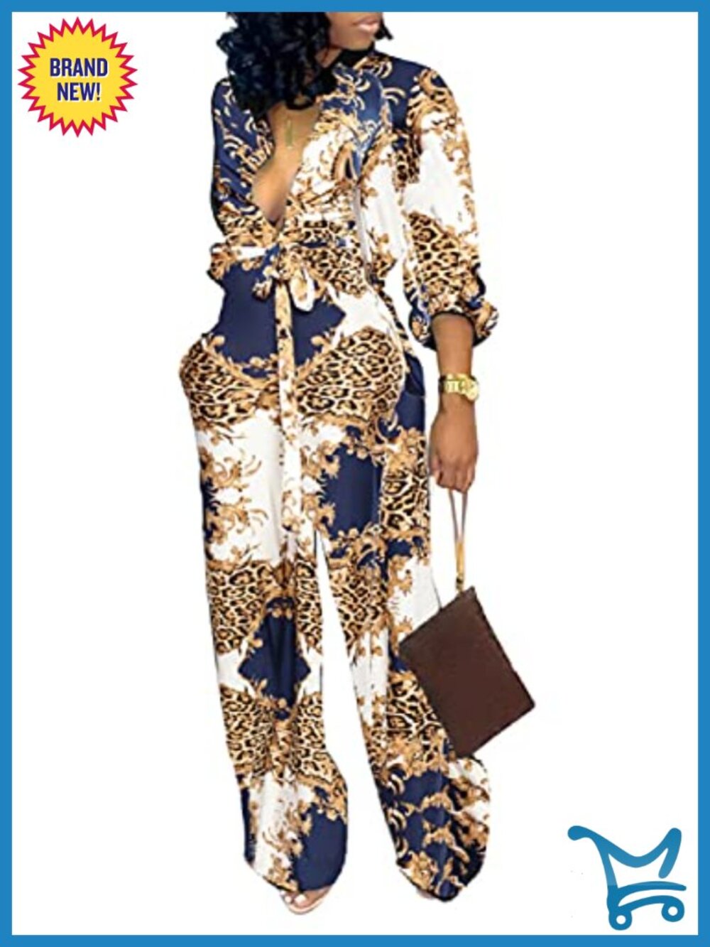 Elegant Leopard Floral Jumpsuit for Women Dressy Long Sleeve with Pockets